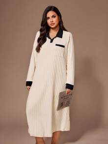 Lazeform 大码女式撞色翻领半开襟口袋柔软抓绒舒适罗纹针织长袖中长连衣裙，休闲宽松睡袍，秋冬居家服，舒适保暖，宽松睡衣 - 杏色 - 查看 4