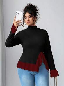 Elenzga Áo thun nữ cỡ lớn màu tương phản kiểu Pháp thanh lịch, viền cánh hoa màu trắng, áo chui đầu cổ đứng, thích hợp mặc làm lớp lót mùa đông, mặc riêng mùa thu/xuân, thời trang tối giản và trẻ trung - Nhiều màu - Xem 4