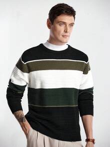 Manfinity CityGents Men's Striped Crew Neck Long Sleeve Casual Pullover Sweater, Autumn/Winter