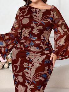 Modelyn 大码女式优雅花卉印花不对称领口荷叶边喇叭袖合身弹力连衣裙 - 棕色 - 查看 1