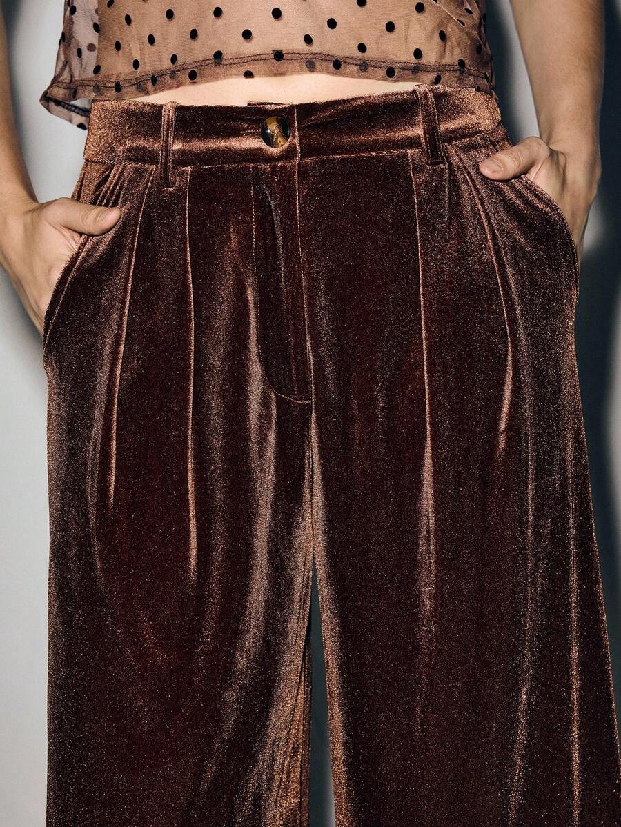 Lumivelle Chic Women's Long Wide Leg Coffee Brown Knitted Party Pants Velvet Pants Women - Coffee Brown - View 1