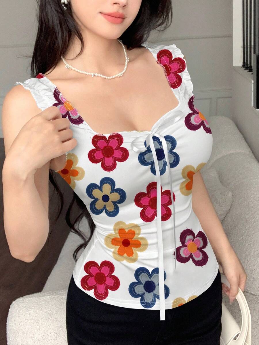 Modelyn 女式夏季无袖上衣，时尚彩色花卉和植物刺绣纹理数码印花蝴蝶结装饰修身吊带背心 - 彩色 - 查看 1