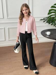 SHEIN Tween Girl Commuting Casual Solid Color Open Front Cropped Knit Jacket With Metal Buttons Autumn Winter Clothes For Girl - Baby Pink - View 8