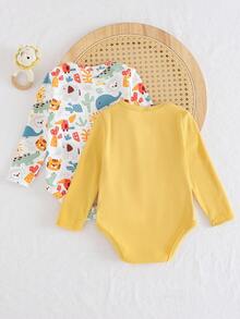 Cozy Pixies 2pcs Baby Cartoon Animal Print Soft Knit Crew Neck Long Sleeve Bodysuit, Versatile & Comfortable For Baby Boys & Girls Lion Baby Clothes Baby Clothes Cartoon Baby Clothes New Born Yellow Clothes New Born Clothes Unisex Fall Winter - Multicolor - View 2