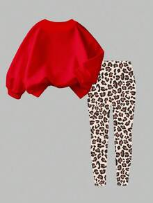 Autumn Family Matching Christmas Outfit For Young Girls,Reindeer & Christmas Tree Print Crew Neck Sweatshirt With Leopard Print Leggings 2 Piece Set - Multicolor - View 2
