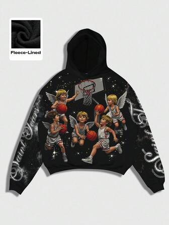 Anime بلوفر كاجوال فضفاض مبطن حراريًا مطبوع عليه طباعة ملاك، مناسب للخريف والشتاء، هوديي مطبوع