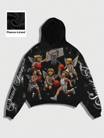 Anime Men's Angel Print Thermal Lined Casual Loose Fit Hooded Sweatshirt, Autumn/Winter, Graphic Hoodie