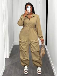 Slaydiva Combinaison grande taille, style urbain décontracté, pour festival de musique, Pâques, fête d'anniversaire, usage quotidien, polyvalente, couleur unie, poches cargo exagérées, manches longues, cordon de serrage à la taille, automne/hiver 2025 - Kaki