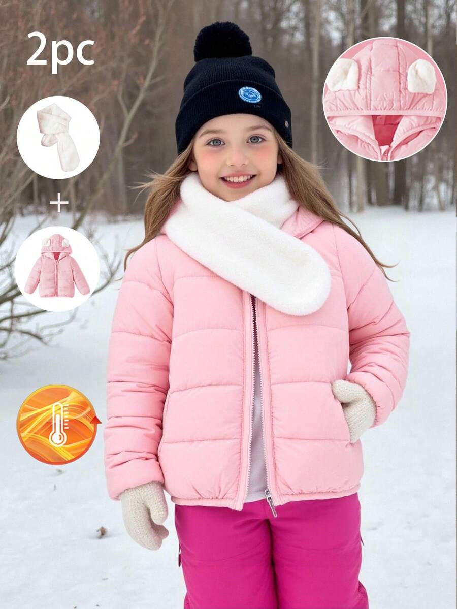 SHEIN 年轻女孩可爱连帽设计厚棉衣配围巾，冬季时尚棉衣 - 粉色 - 查看 1