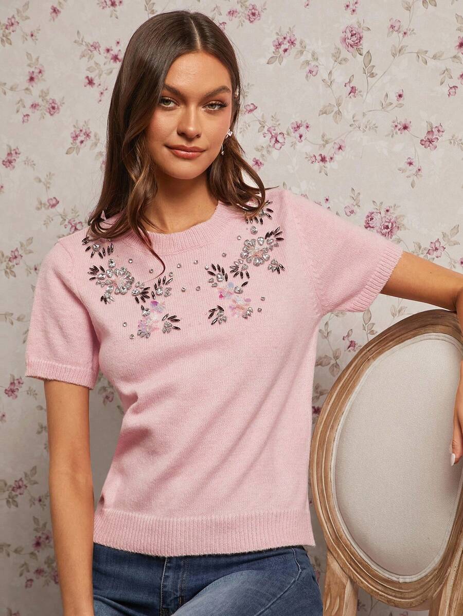 Enchnt Women's Light Pink Summer Elegant Tea Party Short Sleeve Knit Top,Sparkle Rhinestone&3D Sequined Flowers Decor,Sweet Fashionable For Date - Pink - View 1