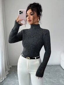 SHEIN Elenzya 女士时尚优雅立领长袖精致毛衣 - 深灰色 - 查看 6