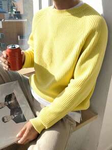 Claim Dot Men's Casual Solid Color Minimalist Crew Neck Long Sleeve Yellow Sweater, Fall Winter - Mustard Yellow - View 1