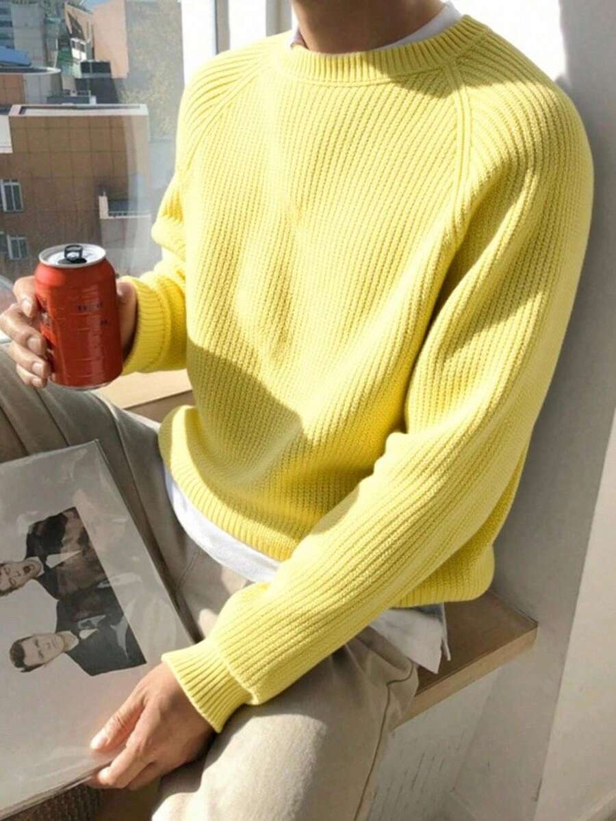 Claim Dot Men's Casual Solid Color Minimalist Crew Neck Long Sleeve Yellow Sweater, Fall Winter - Mustard Yellow - View 1