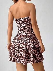 Flirla Váy Y2K không dây, dệt kim, xếp lớp, có phần xếp ly bên hông, trang phục mùa hè ngắn cho nữ - Hồng - Xem 2