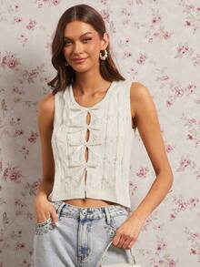 Enchnt Women's Off White Bow Decoration Casual Knit Vest,Autumn Elegant Sweet&Fashionable Brunch Date Holiday Birthday Party Halloween Clothes - Apricot - View 4