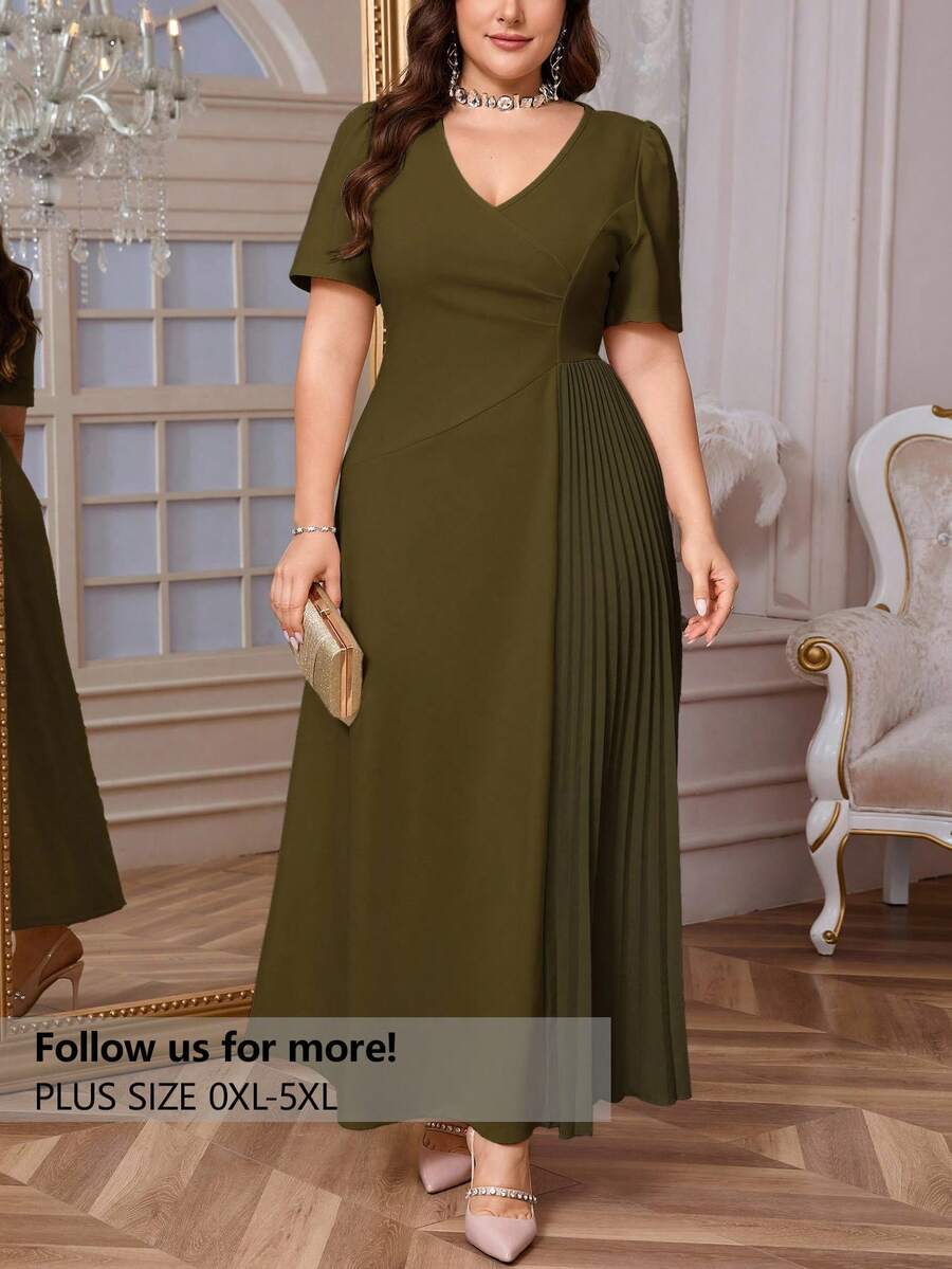 Firerie 大码休闲优雅褶皱宽松弹力收腰短袖连衣裙，适合约会和聚会，春夏季