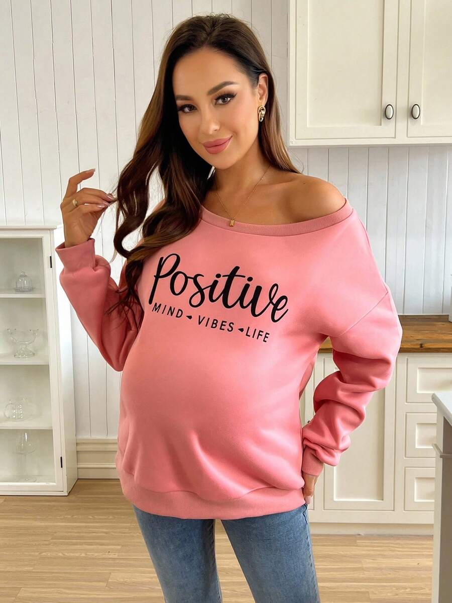 SHEIN Casual Long Sleeve Crew Neck Printed Sweatshirt, Autumn/Winter - Pink - View 1