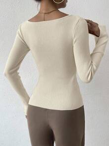 SHEIN Allurite Women's Contrast Color Asymmetrical Neckline Long Sleeve Knit Sweater Neutral Tops Knit Tops Coffee Brown Top Square Neck Tops Knit Top Women - Apricot - View 2