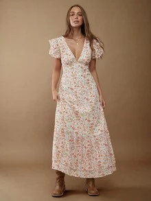 WESTFADE Floral Print Chiffon V Neck Flutter Sleeve Tiered Ruffle Maxi Dress – Cute Fall Autumn Winter Spring Summer Long Dress, Cottagecore Farmhouse Country Style, Western Chic Nashville Country Concert Outfit, Boho Wedding Guest, Bridal Shower, Outdoor Festival, Ranch, Cowgirl Dress, Midwest Fashion Casual Wear For Women - Yellow - View 3