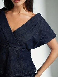 Denimoi 女士夏季褶皱露肩牛仔上衣 - 深色水洗藍 - 查看 3