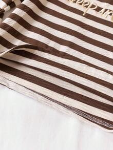 2 件套男童韩版卡其色条纹纹理面料标语刺绣长裤和长袖睡衣套装 - 卡其色 - 查看 7