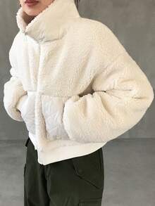 FRIFUL 女式白色羊羔绒领钻石绗缝宽松休闲下摆罗纹棉服外套，带大口袋，秋季夹克 - 白色 - 查看 3