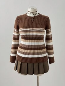 Sunspun Damen Lässig Crew Neck gestreifter Kontrast Farbe Langarm Slim Fit Pullover Sweater - Verschiedenfarbig - Übersicht 5