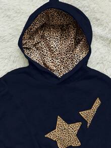 Elamini Women's Casual Leopard Print Sweatshirt With Star Pattern - Navy Blue - View 6