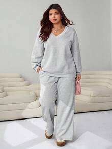 Solflare Conjunto de 2 piezas de sudadera y pantalón de chándal de unicolor casual, para otoño/invierno, talla grande - Gris - Ver 5