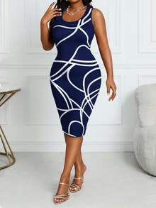 SHEIN Lady 2025 New Spring, Summer, Autumn And Winter Knitted Navy Blue Puff Sleeve Open Cardigan Short Top With Slim Waist And Geometric Pattern Classic Print Straight Dress Plus Size Two Pieces Set New Year Outfit 2 Piece Dress Set Curve Skirt Set Bodycon Midi Dress 2 Piece Sets Woman Skirt Long Sleeve Elegant Dress