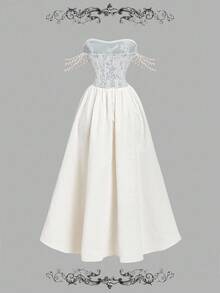 SHEIN MOD Váy quây đính ngọc trai xanh trắng - Xanh và trắng - Xem 2