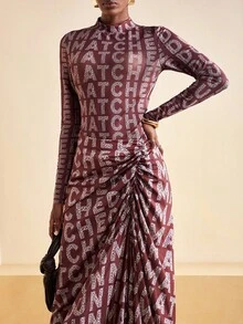 Zivah 2025 秋季新品基本款休闲圆领长袖连体衣搭配印花字母和百褶裙套装，适合生日派对、宴会、返校、日常穿着、邮轮旅行、优雅、商务休闲、棕色底色搭配银白色字母印花，女士两件套服装 - 棕色 - 查看 7