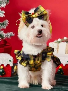 PETSIN 1PC Pet Cat Dog Universal Christmas Yellow Classic Checkered Cute Little Flying Sleeve Bow Decoration Dog Dress