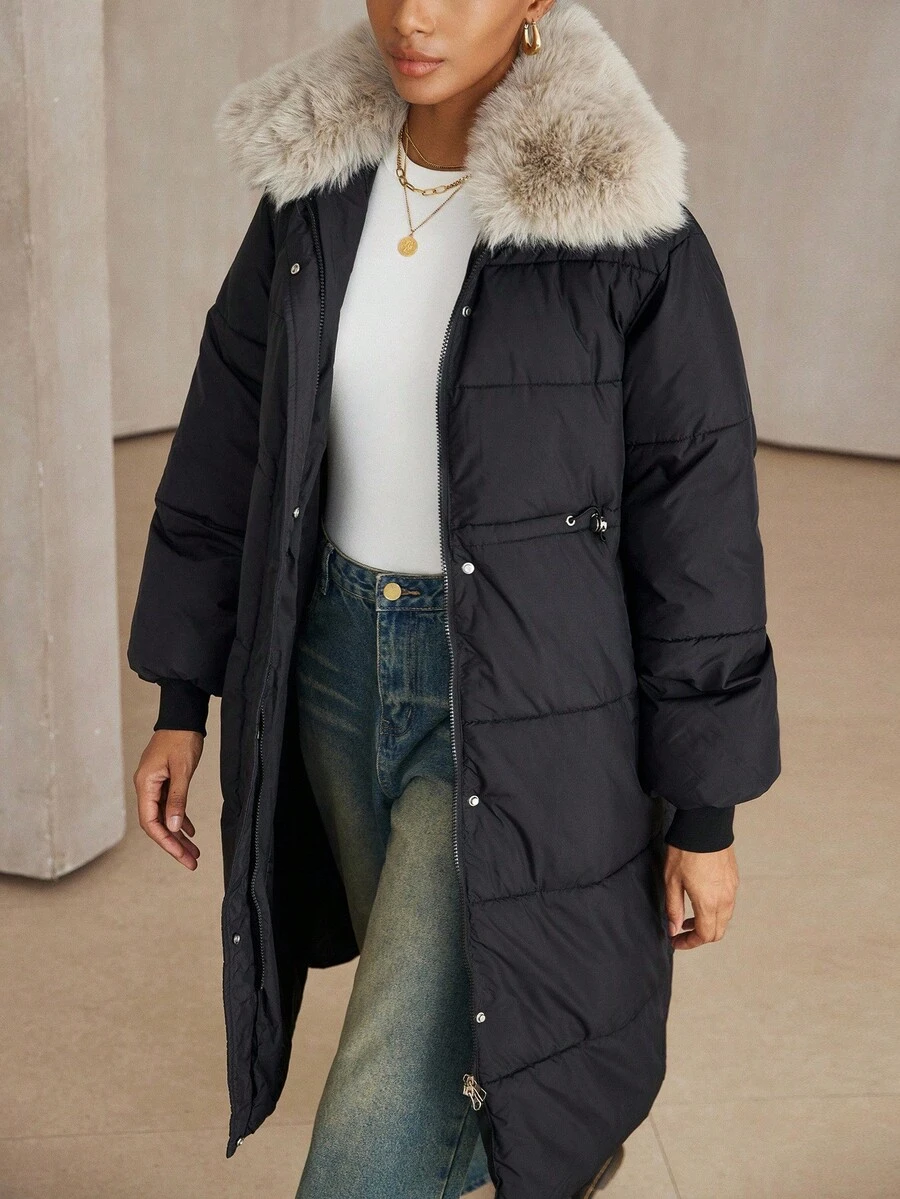 Aveloria Modichic 复古休闲百搭高端时尚设计感优雅修身时尚纯色可拆卸毛领女式棉衣 - 黑色 - 查看 1