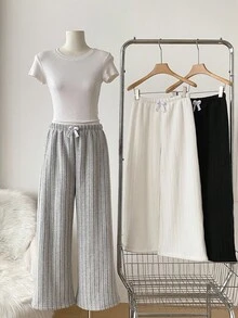 Girls' Casual Solid Color Knitted Brushed Ribbed Composite Fleece Thickened Waist Fixed 3D Bowknot Belt Soft & Comfortable Pants Set, Autumn/Winter Fall