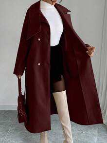 Elenzga Women's Solid Color Minimalist Daily Wear Button Decor Long Sleeve Overcoat - Burgundy - View 8