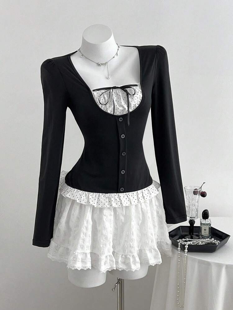 Elamini 1 pièce T-shirt décontracté à manches bouffantes, col, pois et nœud papillon pour femmes, polyvalent pour le printemps, l'automne et l'hiver