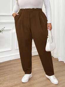 SHEIN CURVE+ Pantalones negros de talla grande para mujer con estampado de leopardo, costuras, cintura elástica y bolsillos, ropa de otoño e invierno, ropa informal y cómoda, pantalones para trabajo, ropa de maestra, pantalones para curvas, ropa de oficina, ropa casual de negocios para mujer