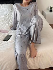 Dream Adore 2 piezas Conjunto de pijama cómodo de pantalón y top de manga larga con estampado de lazo tejido para mujer, ropa de otoño e invierno en color gris - Multicolor - Ver 3