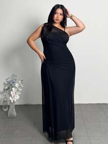 Firerie 加大码女式优雅简约时尚别致日常基本款专业办公室通勤网红音乐节海滩度假透视不对称领口褶皱紧身连衣裙，无袖 - 黑色 - 查看 5