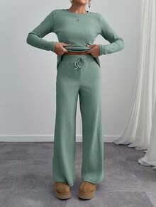 EURMUSE Women Solid Color Crew Neck Long Sleeve Fashionable Versatile Two Pieces Top And Pant Set Lounge Sage Green Autumn Casual - Mint Green - View 6