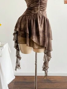 Soleia 女士浪漫度假露背针织网眼蓝色印花连衣裙 - 棕色 - 查看 4