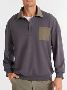 Manfinity Dauomo Maglietta casual da uomo con colletto polo e maniche lunghe, a blocchi di colore, per l'autunno - Grigio Scuro - Visualizzare 1