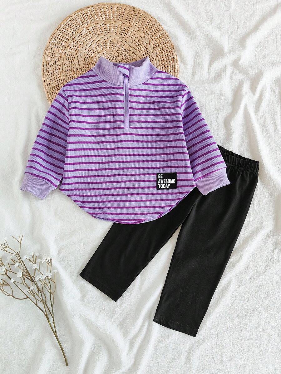 SHEIN 2 件套女婴休闲条纹领长袖上衣和百搭裤子套装,适合春秋冬 - 紫色 - 查看 1