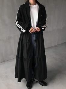 FRIFUL 女士字母印花条纹拉链长款休闲外套，秋季女装外套 - 黑色 - 查看 5