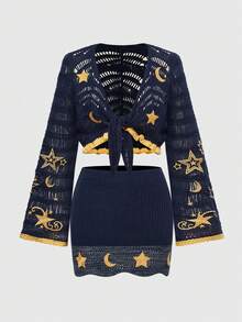 ROMWE Bộ 2 món áo khoác cardigan họa tiết ngôi sao và mặt trăng cổ điển Hippie và chân váy ngắn màu tương phản - Màu xanh lam - Xem 1