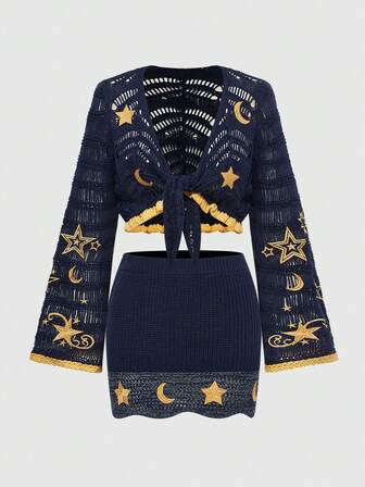 Vintage Hippie Star & Moon Pattern Contrast Color Cardigan & Mini Skirt 2 Pieces Set