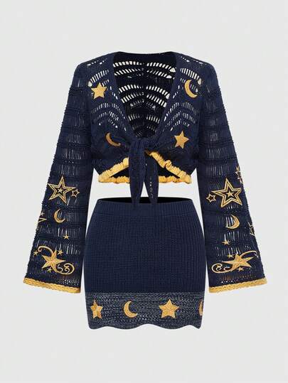 Hippie Vintage Hippie Star & Moon Pattern Contrast Color Cardigan & Mini Skirt 2 Pieces Set