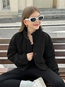 SHEIN Quần áo bé gái tuổi teen, Áo khoác nhung chần bông có khóa kéo, Thích hợp cho bé gái tuổi teen mặc thường ngày, Trở lại trường, Lễ khai giảng, Trang phục hàng ngày, Đi học, Du lịch, Thể thao, Mùa đông, Giáng sinh - màu đen - Xem 5