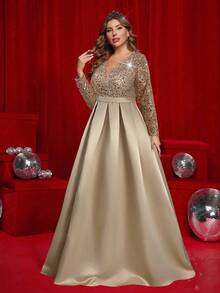 Glamrae 加大码优雅奢华卡其色深 V 领长袖透明拼接缎面高开衩 A 字连衣裙，适合婚礼、派对、度假、庆典、正式活动（大量装饰） - 卡其色 - 查看 6